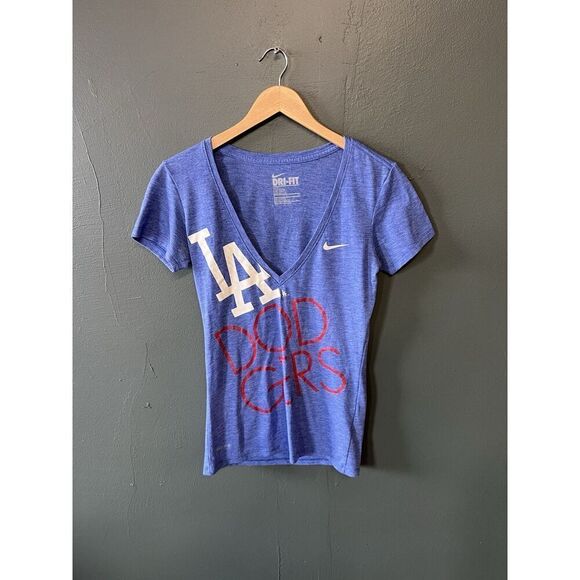 Nike Womens Blue V-neck Los Angeles Dodgers Short Sleeve T-shirt Size Small - Picture 1 of 3